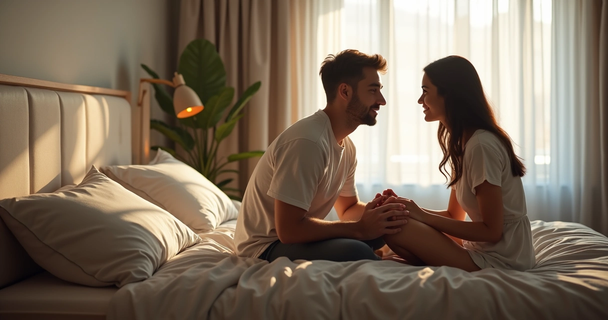 Casal sentado na cama conversando em ambiente íntimo