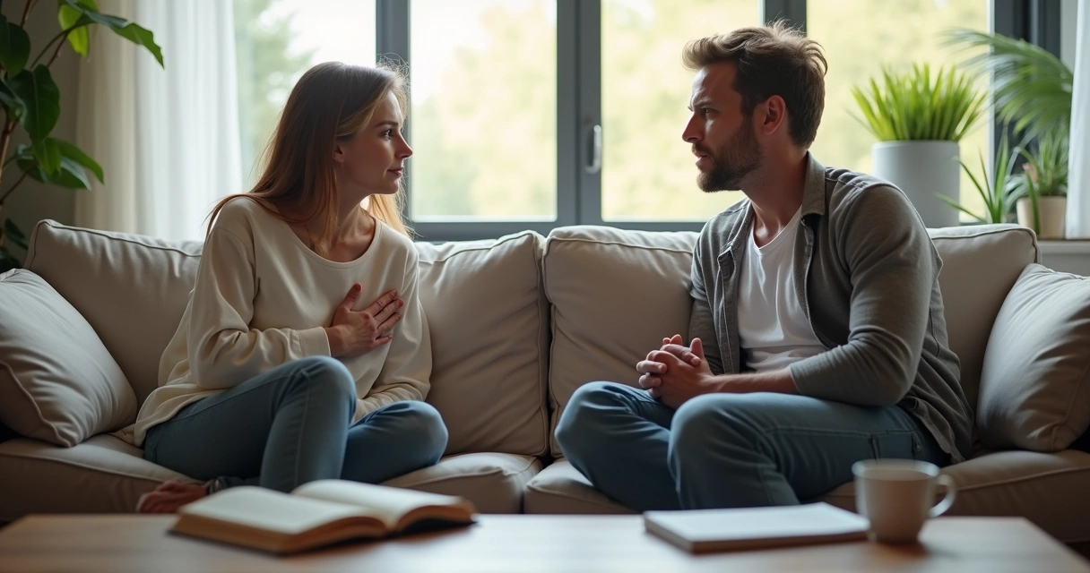 Casal conversando com calma e conexão no sofá de casa 
