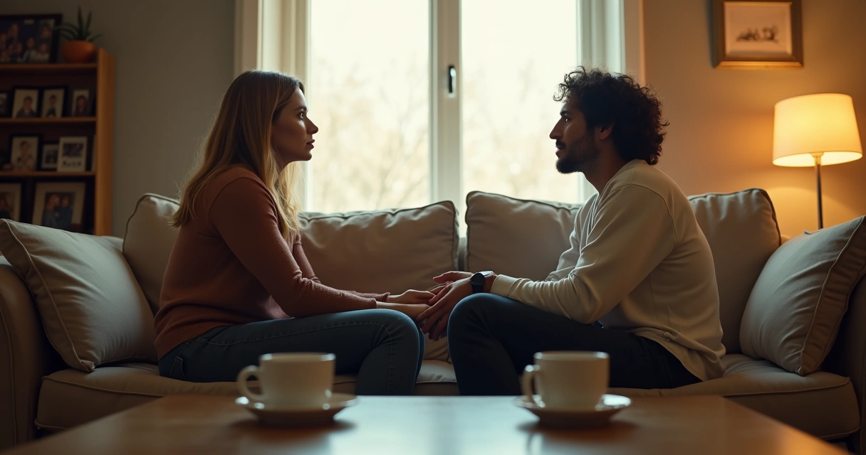 Casal sentado em sala conversando com distância emocional