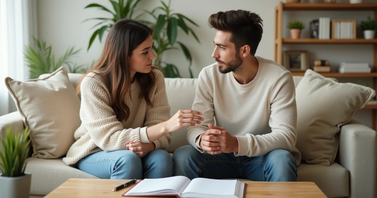 Casal conversando no sofá com caderno entre eles