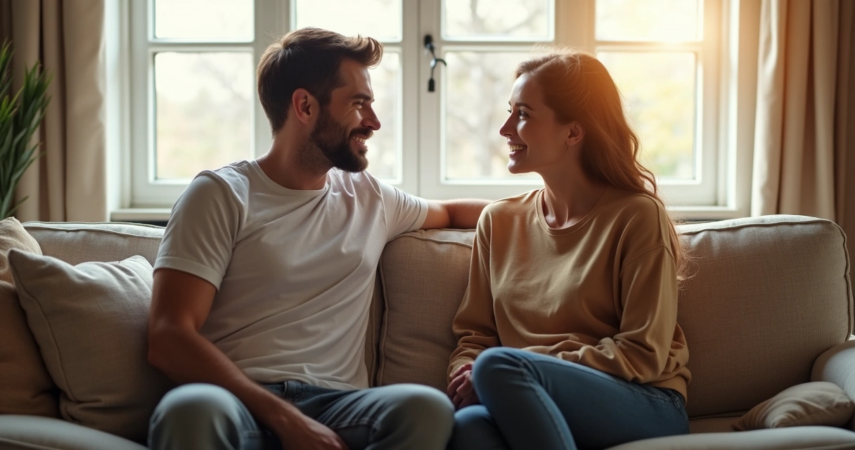 Homem e mulher sentados na sala conversando de forma franca e aberta 