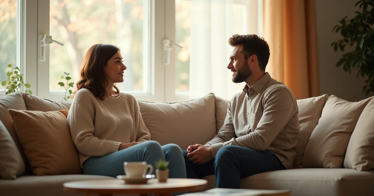 Casal sentado conversando com calma no sofá