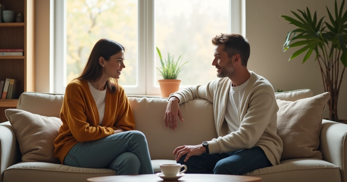 Casal sentado conversando com calma em casa