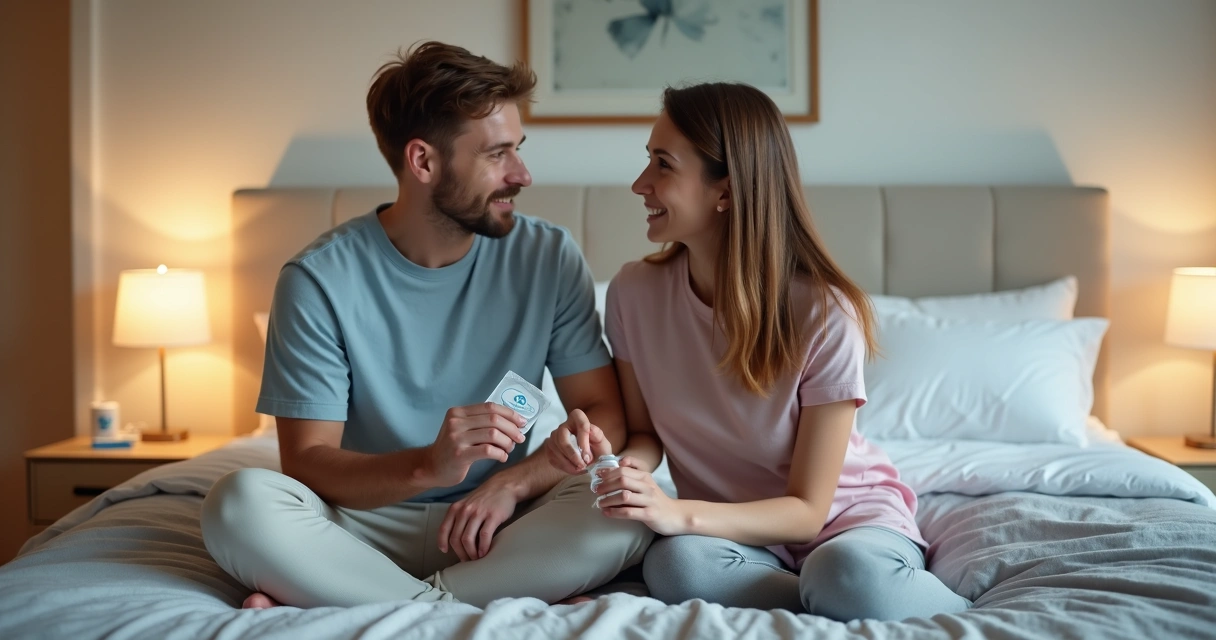 Casal de dois homens sentado na cama conversando sobre sexo anal seguro com preservativo na mão 