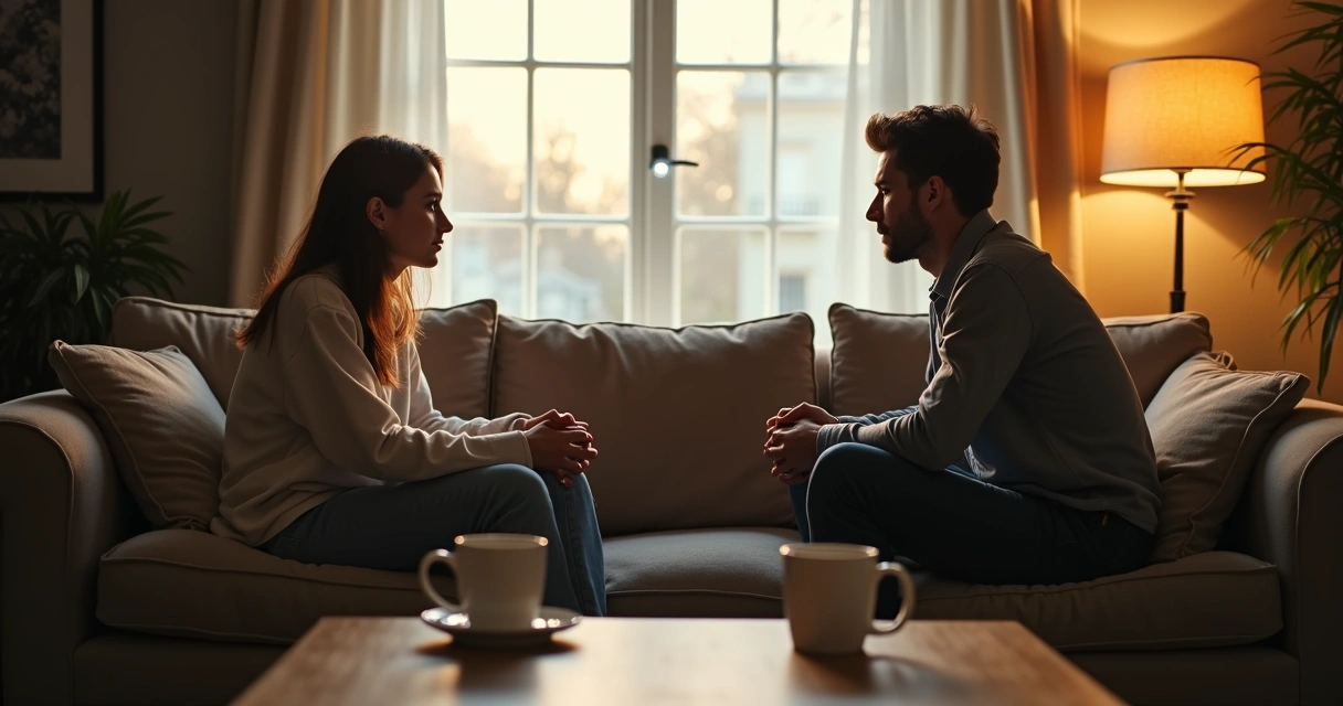 Casal sentado no sofá em silêncio após discussão 
