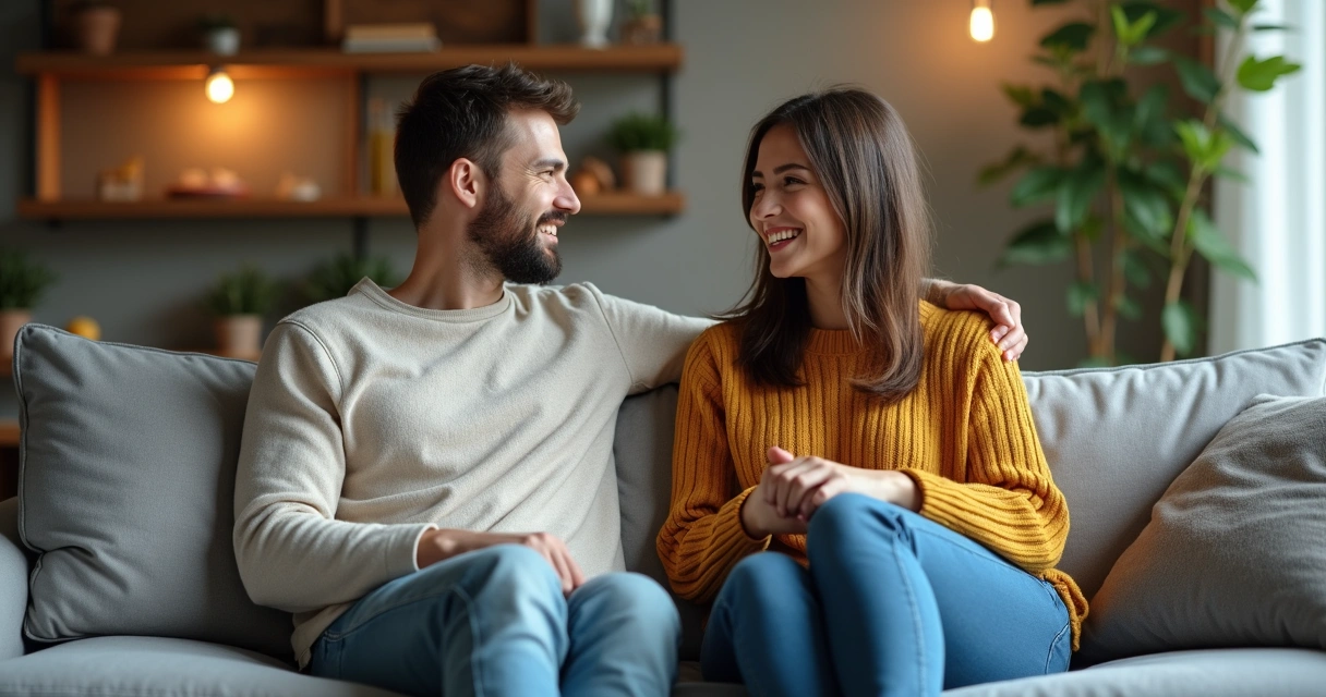 Casal sentado no sofá conversando de forma tranquila