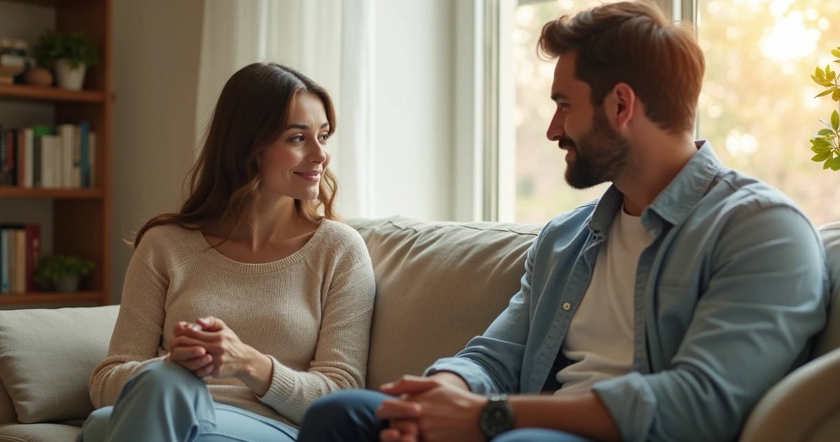 Casal conversando sentados no sofá