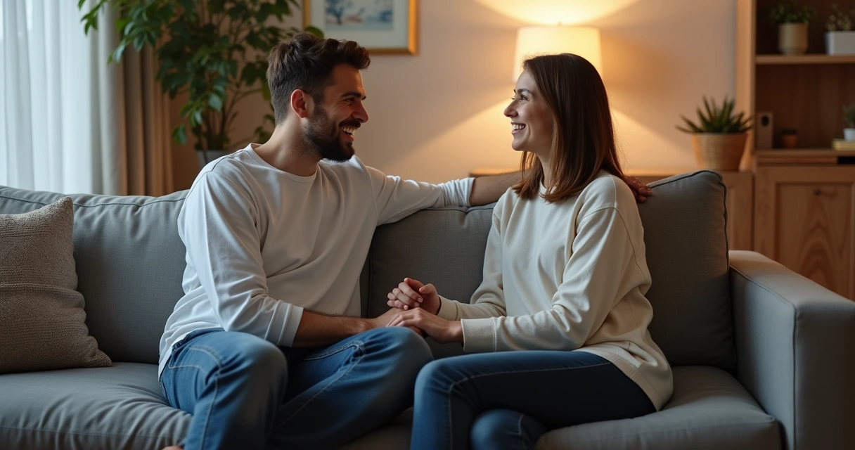 Casal conversando sentados em sofá 