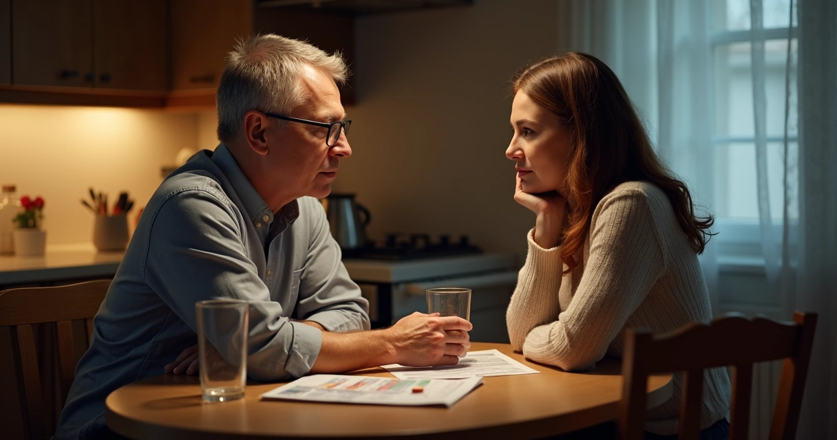 Homem e mulher sentados à mesa, conversando seriamente sobre tratamento para disfunção erétil, ambiente de casa 