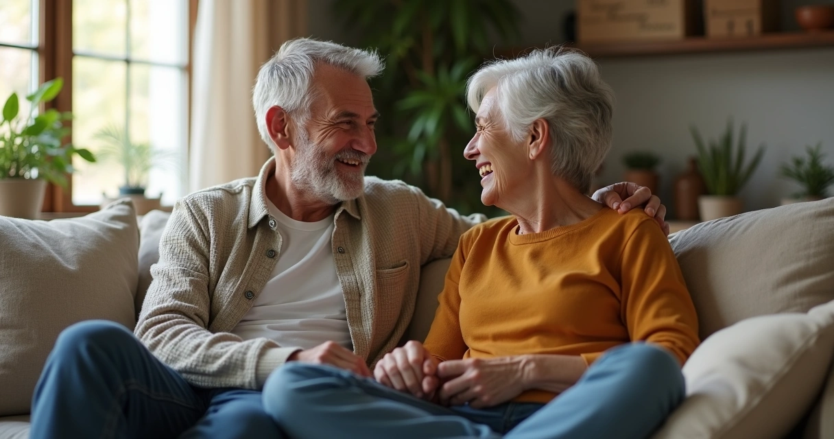 Casal sentado em sofá conversando e sorrindo, ambiente iluminado