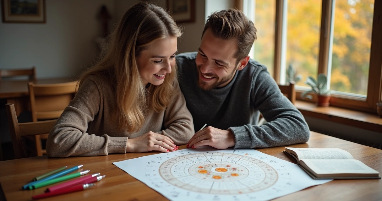 Casal olhando mapa astral juntos na mesa 