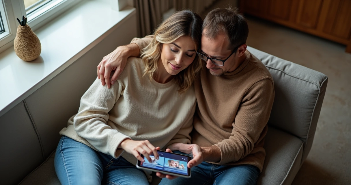 Casal conversa no sofá, mulher apoia discretamente o marido. Tablet aberto mostra sessão de terapia online. 