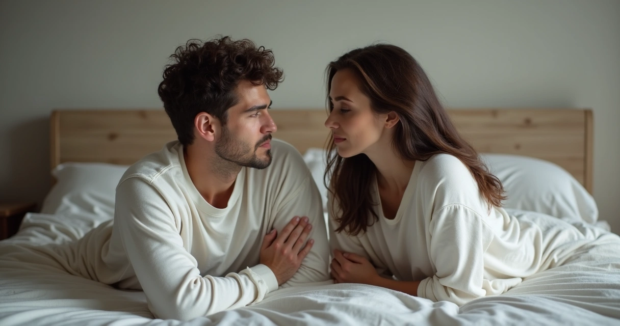 Um casal jovem sentado na cama conversando de forma séria e carinhosa.