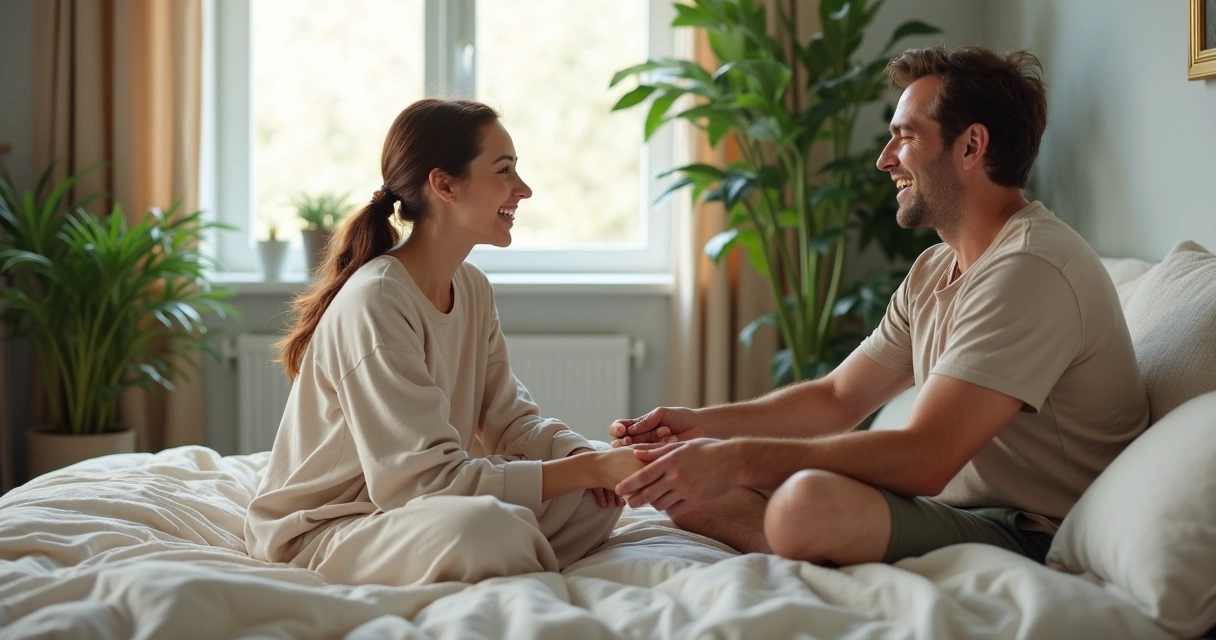 Homem e mulher conversando sentados na cama. 