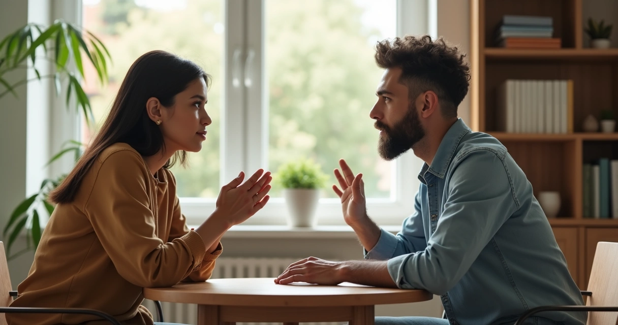 Casal sentado frente a frente em conversa profunda e autêntica 