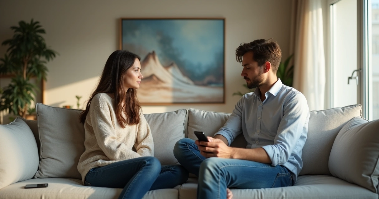Casal sentado no sofá com distância emocional, olhando em direções opostas 