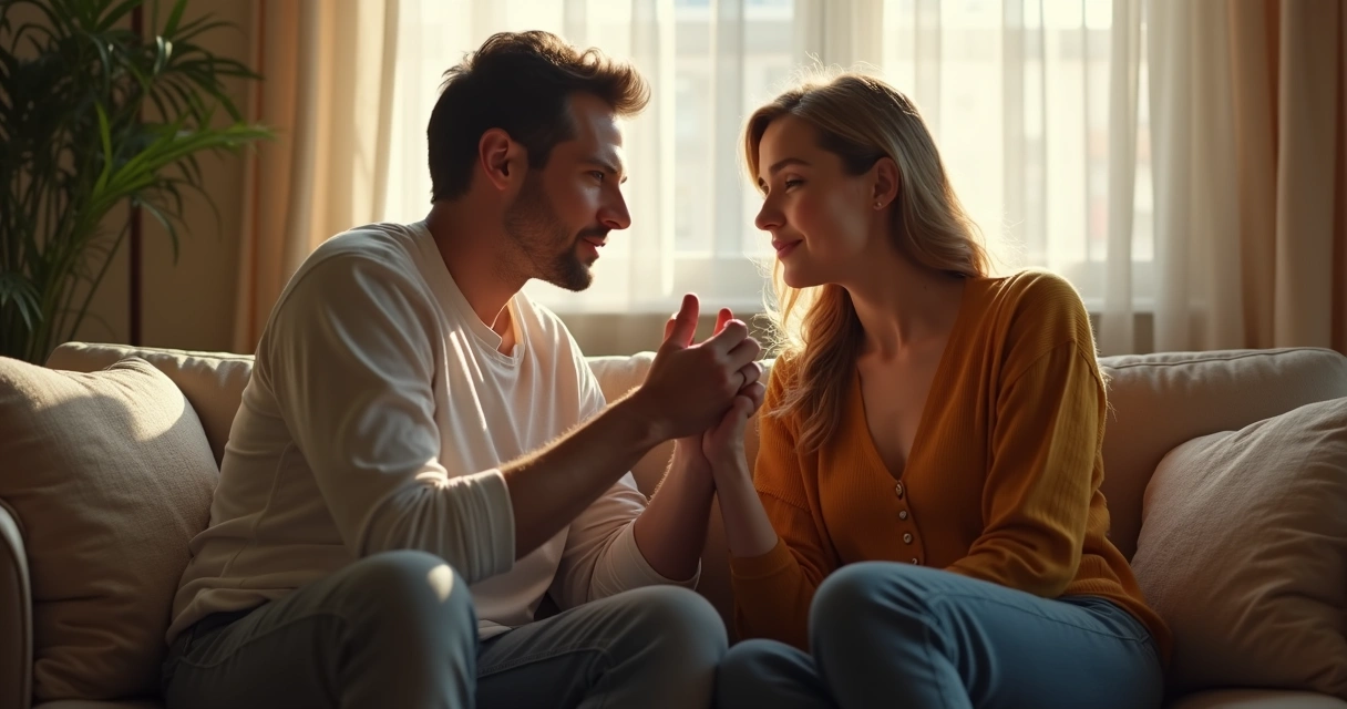 Casal conversando sentados, expressando emoções. 