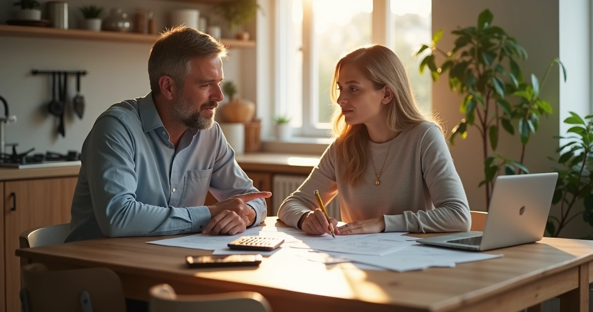 Como conversar sobre dinheiro sem brigar: estratégias para casais 1 Casal sentado à mesa conversando sobre finanças