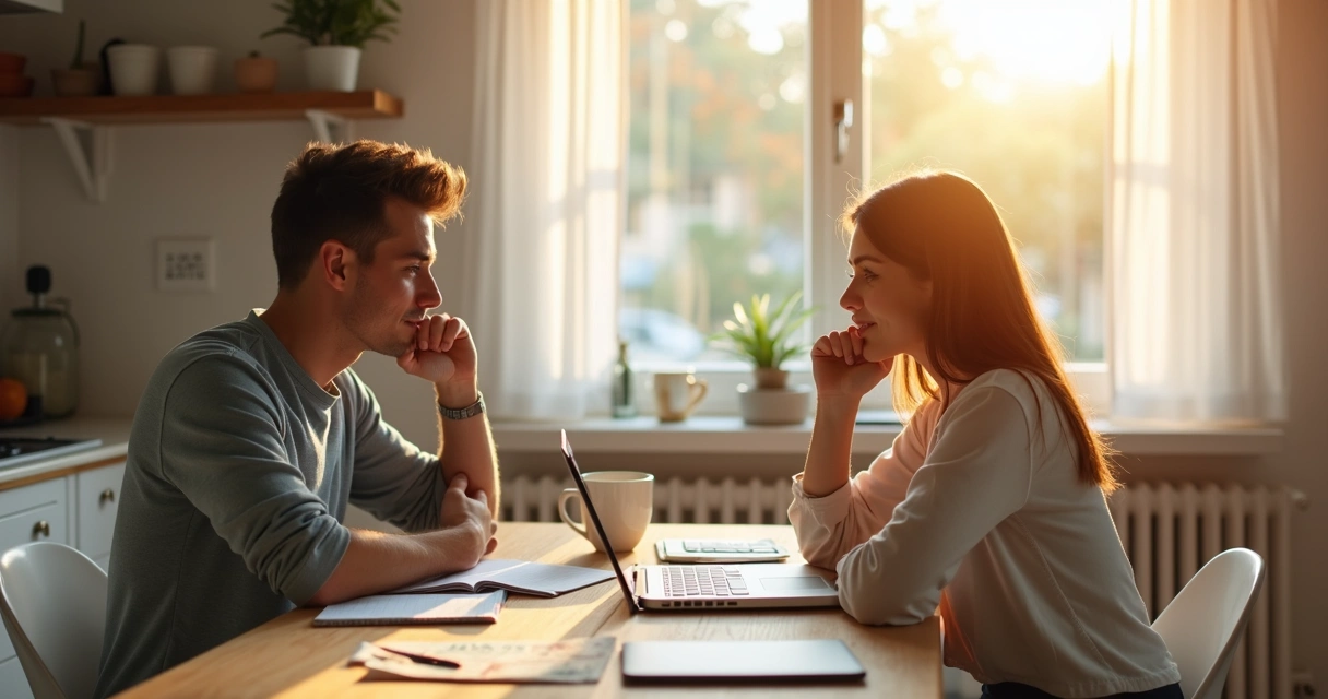 Casal conversando sobre finanças na mesa da cozinha 