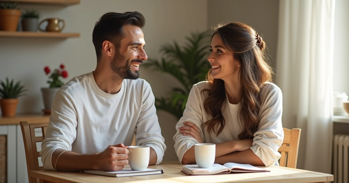 Casal sorrindo sentados à mesa conversando sobre o futuro com cadernos e café 