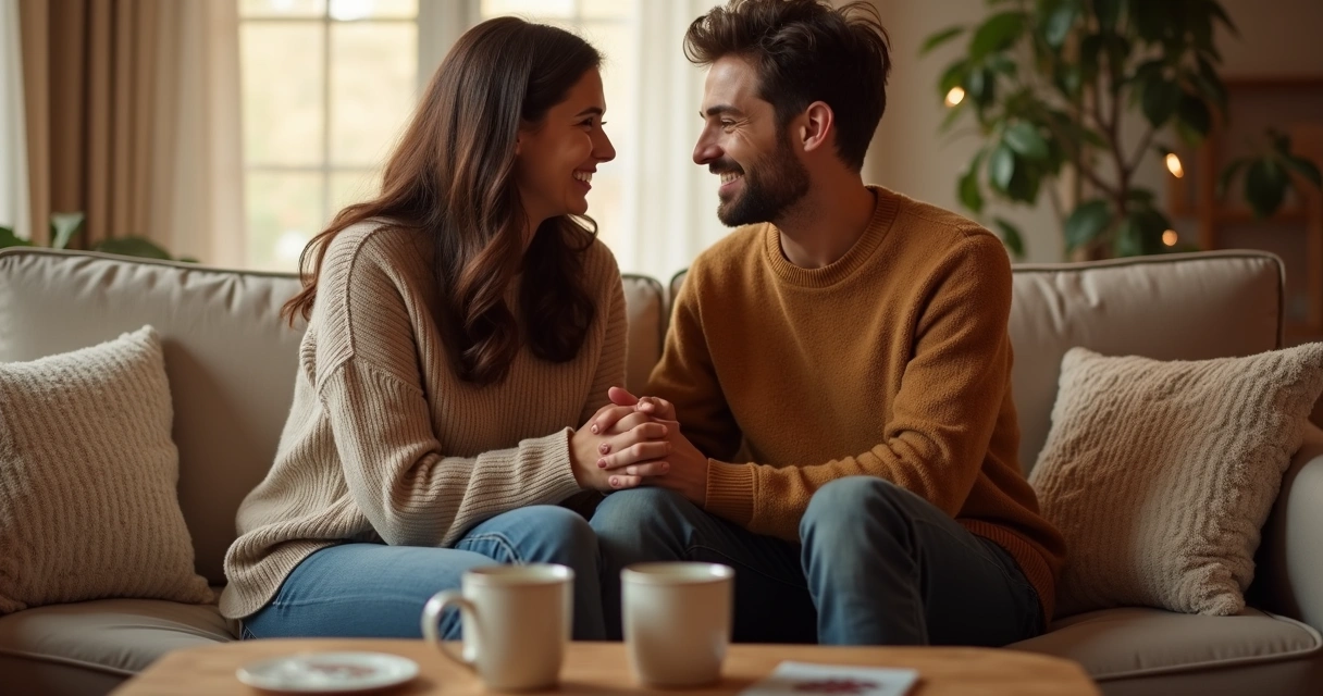 Casal rindo juntos em uma sala aconchegante, sentados um de frente para o outro 