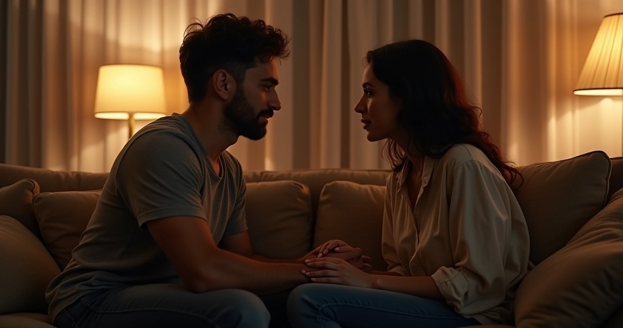 Casal sentado em sofá conversando intimamente 