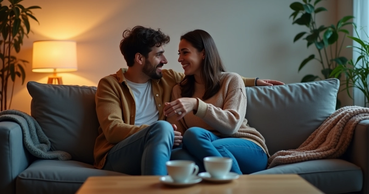 Casal em sofá conversando de forma íntima e relaxada 