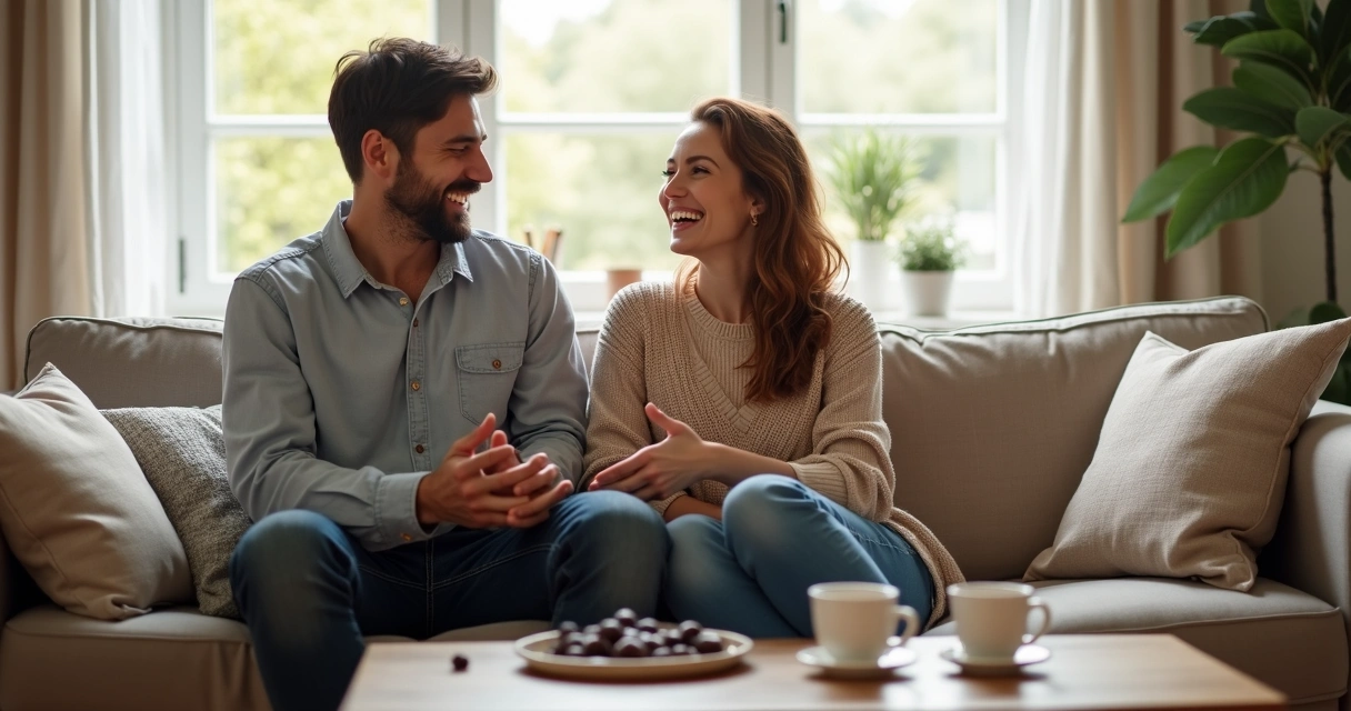 Casal sorrindo durante conversa animada