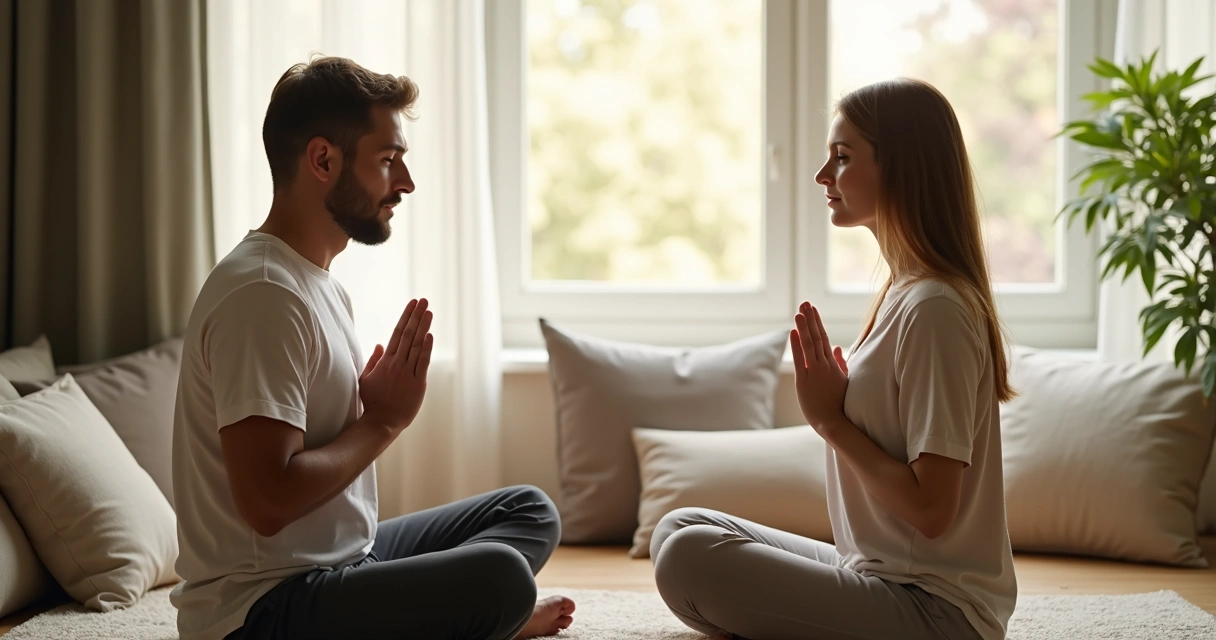 Dois adultos sentados de frente conversando com serenidade 