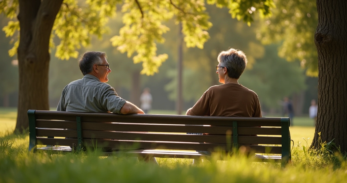 Casal sentado em banco conversando em parque com árvores ao fundo