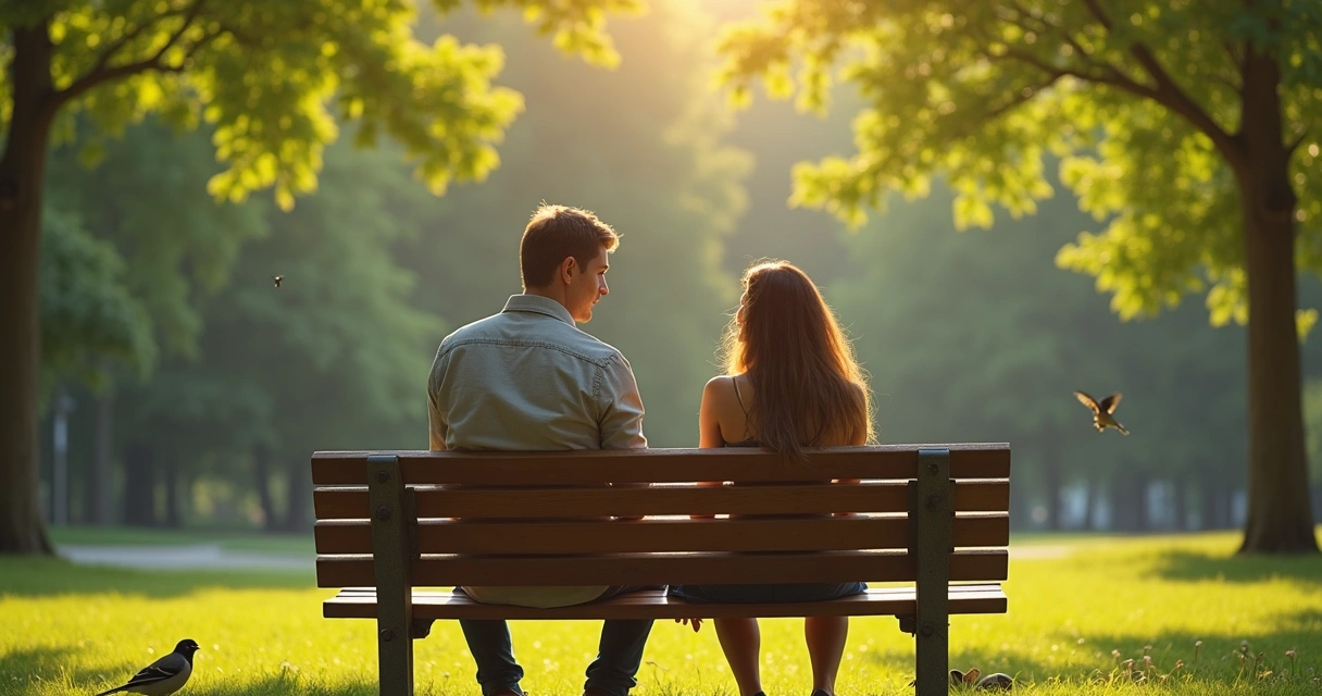 Casal conversando sentados em um banco de parque em um dia ensolarado, cercados por árvores e pássaros ao fundo