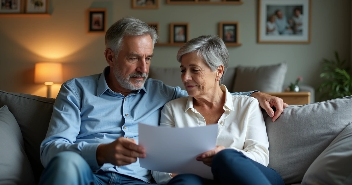 Casal conversa sobre planejamento familiar sentados em sofá 