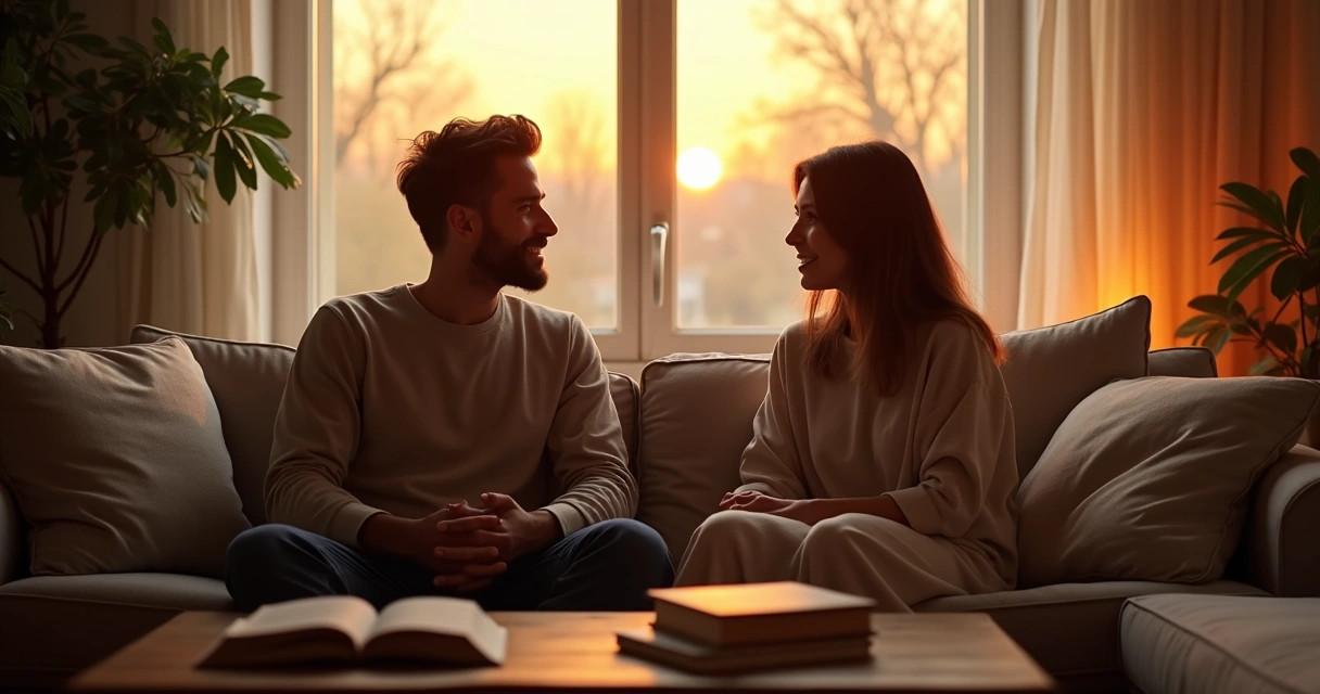 Casal sentado frente a frente conversando em um ambiente acolhedor. 