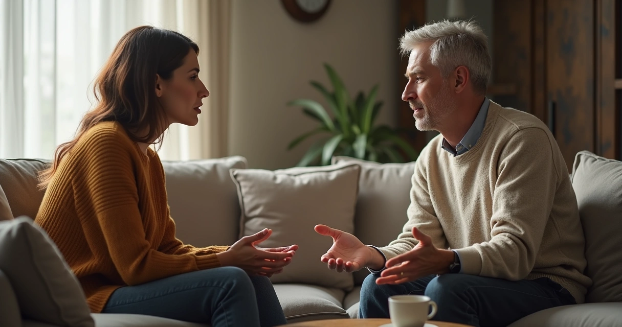 Casal sentado conversando olhando-se nos olhos 