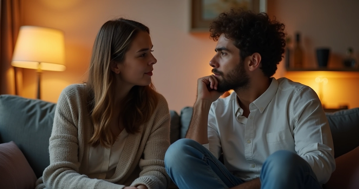 Casal sentado conversando em casa, clima de reflexão