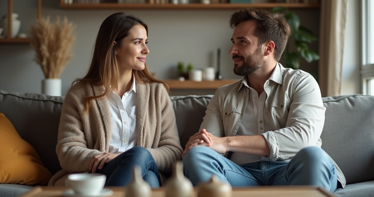 Casal conversando em silêncio em sofá de sala de estar 