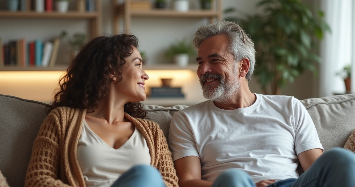 Casal conversando em sala de estar moderna com expressão de diálogo sincero 