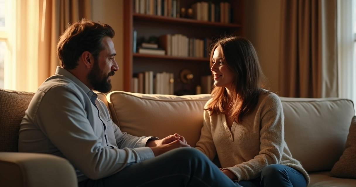 Casal sentado em sala de estar conversando de frente um para o outro 