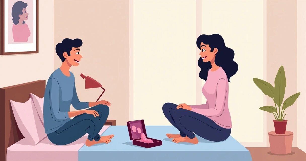 Casal sentado na cama conversando com caixa de brinquedos sexuais ao lado 