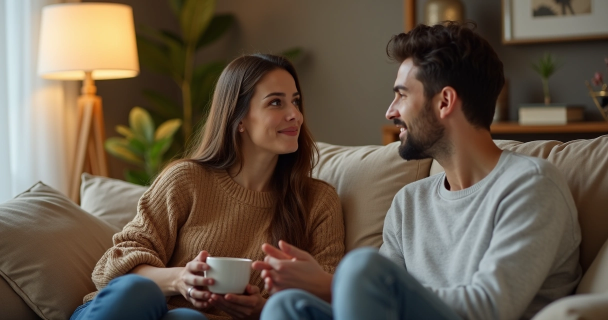 Casal sentado no sofá conversando com expressão aberta 