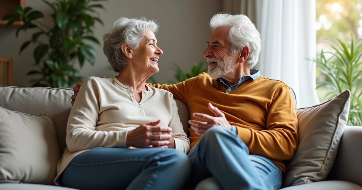 Casal sentado conversando no sofá