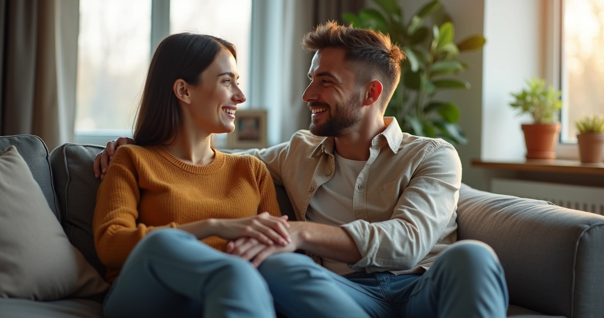 Casal sentado no sofá em conversa séria mas calma 