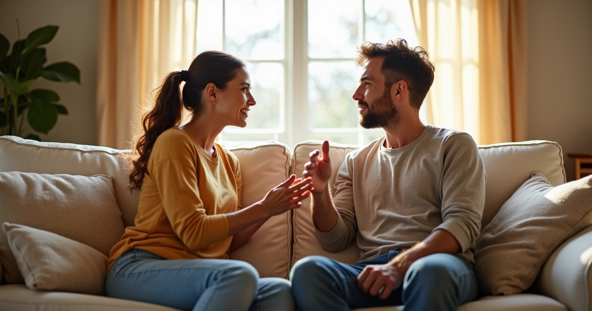 Casal sentado no sofá conversando e olhando nos olhos