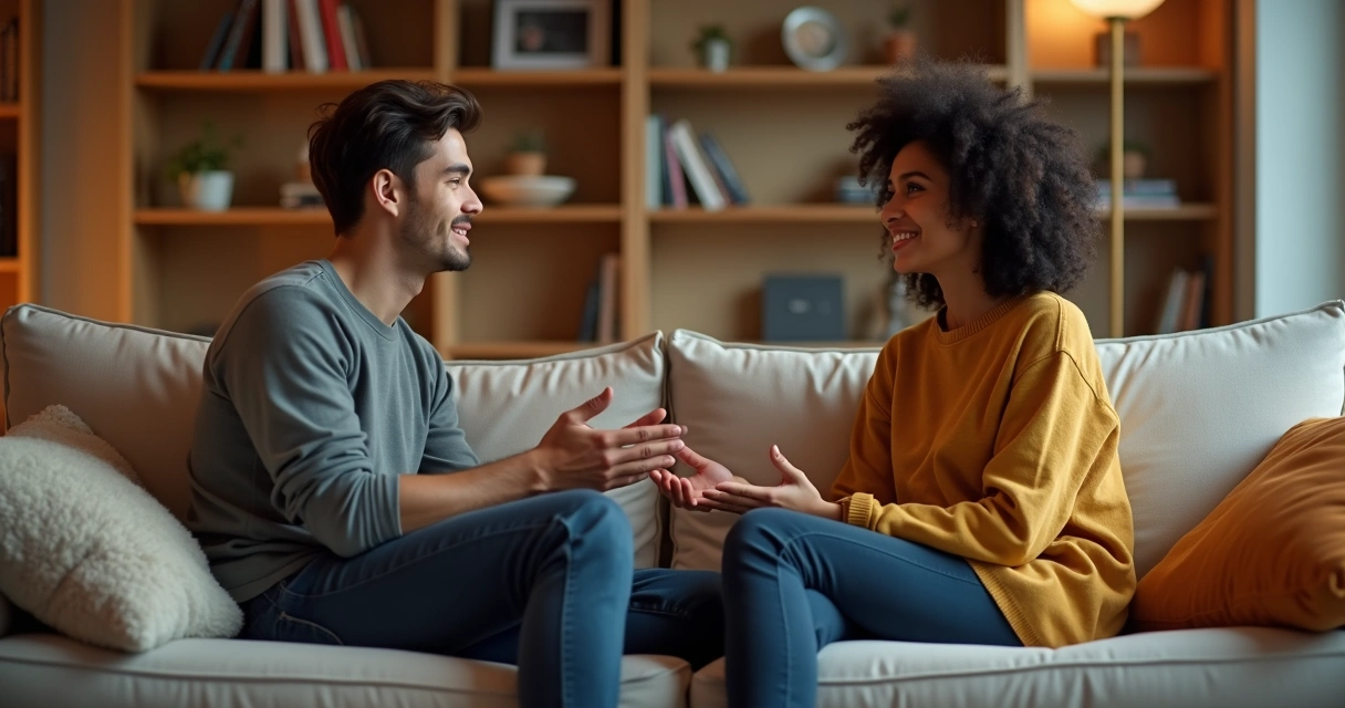 Casal sentado no sofá conversando de frente um para o outro, com ambiente acolhedor
