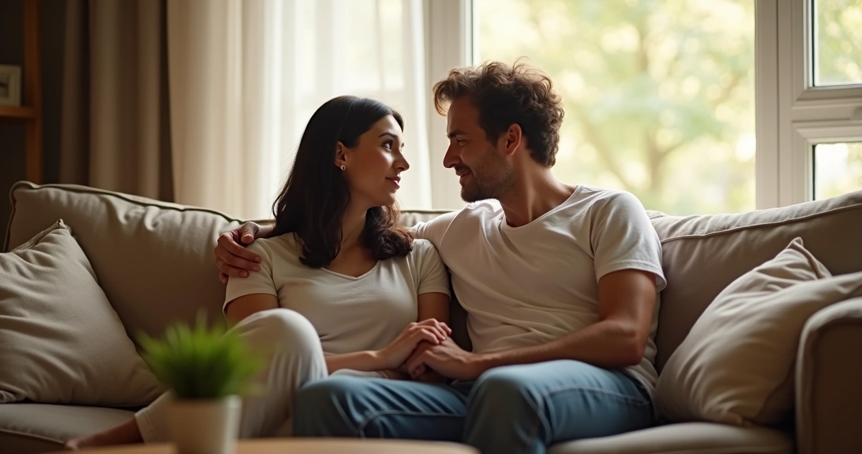 Casal sentado no sofá conversando de forma próxima e tranquila. 