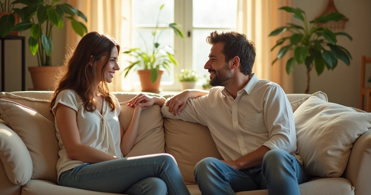 Casal sentado em sofá olhando um para o outro com expressão serena, conversando abertamente.