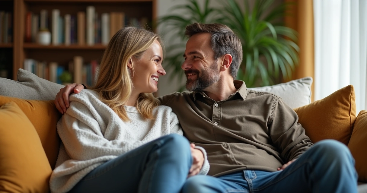 Casal sentado em sofá conversando em ambiente aconchegante 