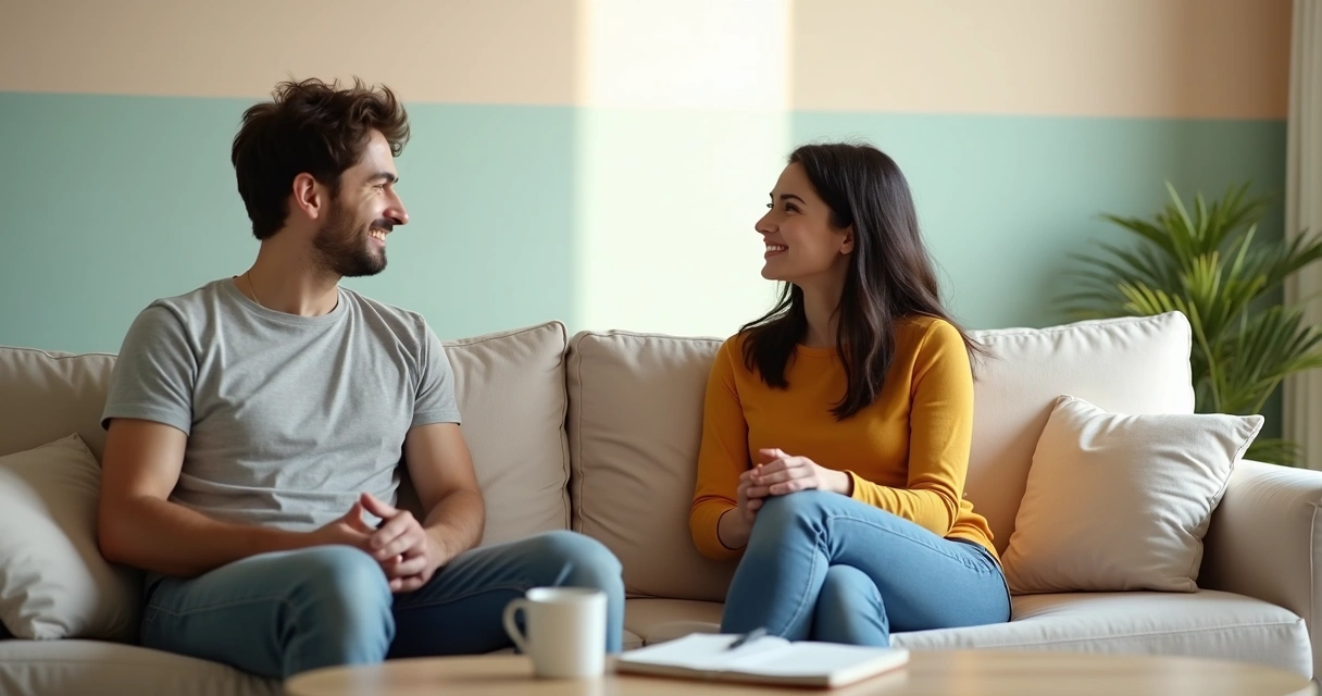 Casal jovem sentado em sofá conversando de frente um para o outro 