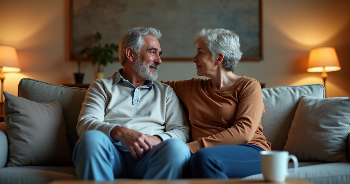 Casal conversando sentados em um sofá, com clima de apoio e compreensão