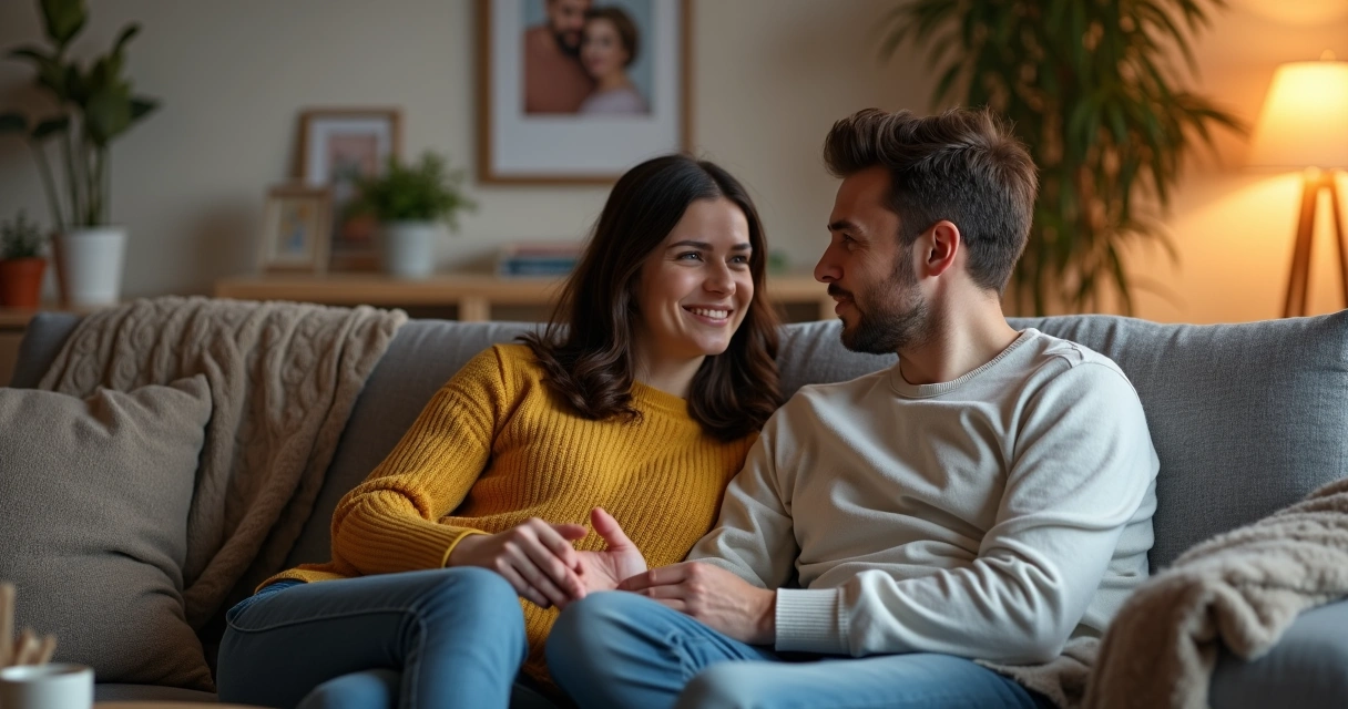 Marido e esposa conversam sorrindo no sofá de casa aconchegante 